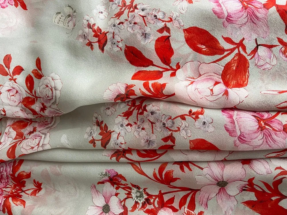 39" Panel-Border Print - Semi-Sheer Magnolias & Wild Roses Silk Georgette (Made in Italy)