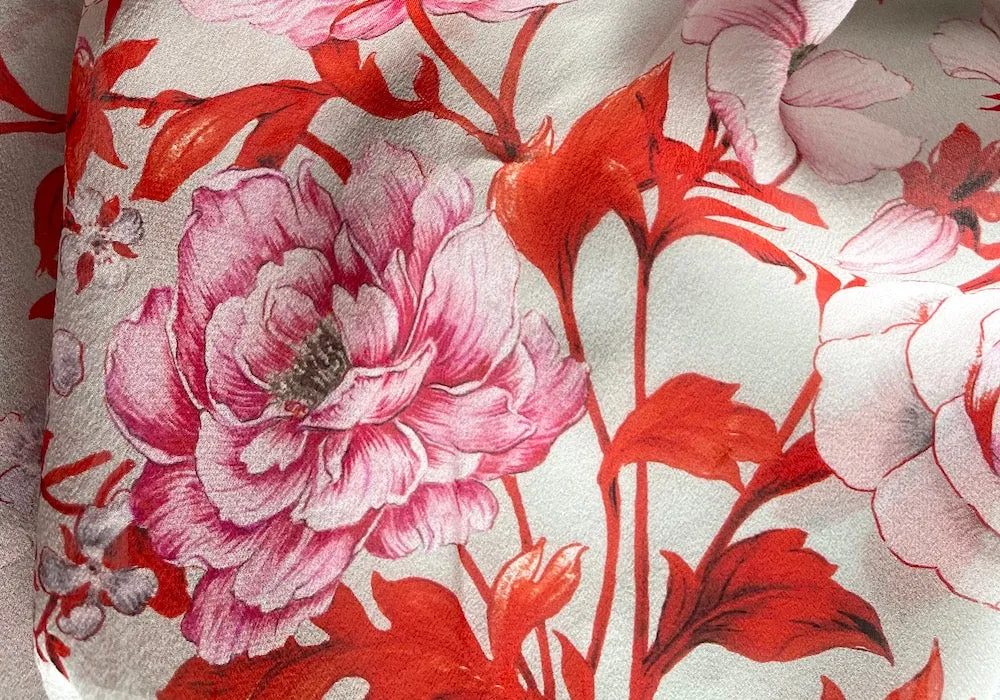 39" Panel-Border Print - Semi-Sheer Magnolias & Wild Roses Silk Georgette (Made in Italy)