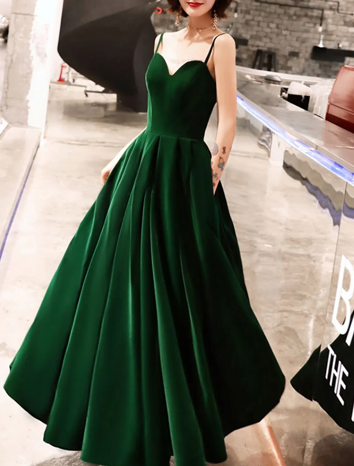 A-Line Prom Dresses Beautiful Back Dress Wedding Guest Prom Ankle Length Sleeveless Spaghetti Strap Velvet with Sleek Pleats