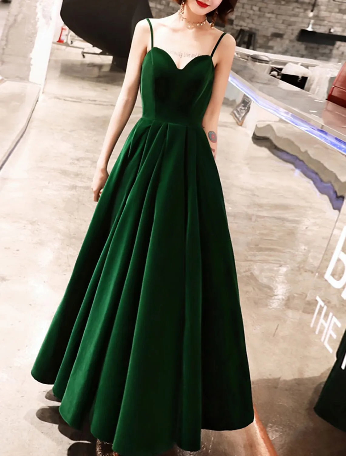 A-Line Prom Dresses Beautiful Back Dress Wedding Guest Prom Ankle Length Sleeveless Spaghetti Strap Velvet with Sleek Pleats