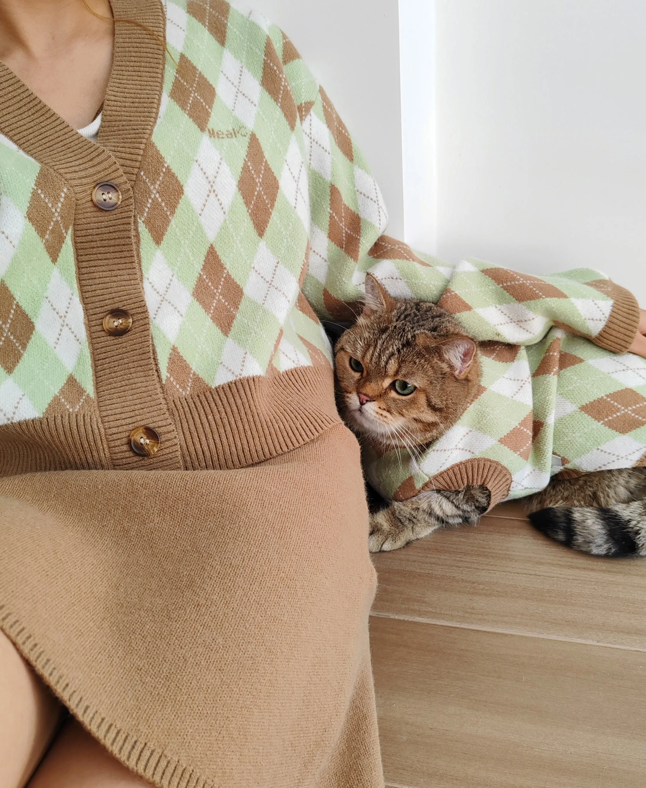 Argyle Plaid Cat Human Matching Cardigan