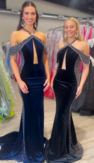 Beaded Velvet Fitted Halter Gown by Jovani 36587