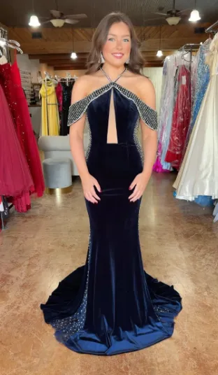 Beaded Velvet Fitted Halter Gown by Jovani 36587