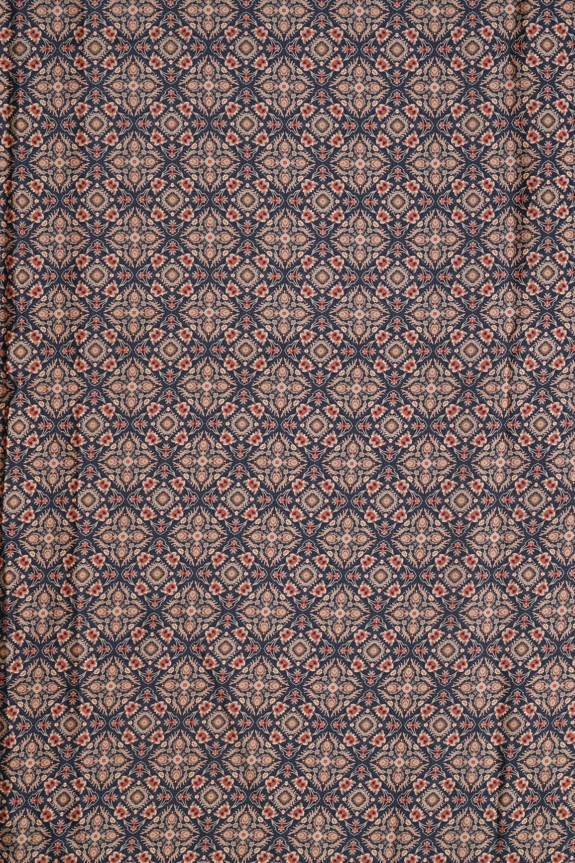 Beige Traditional Pattern Digital Print On Navy Blue French Crepe Fabric