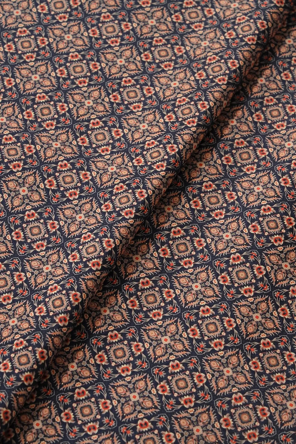 Beige Traditional Pattern Digital Print On Navy Blue French Crepe Fabric