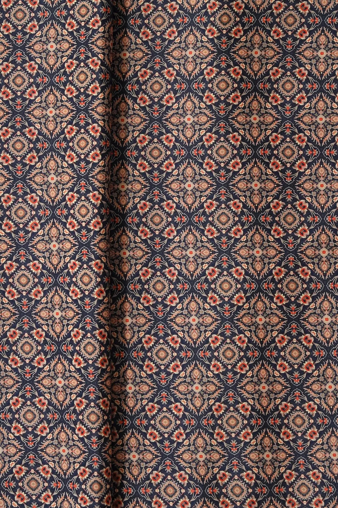 Beige Traditional Pattern Digital Print On Navy Blue French Crepe Fabric