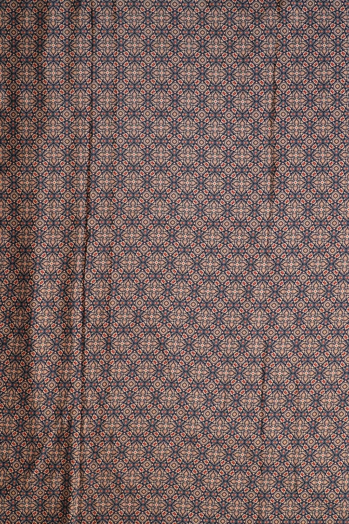 Beige Traditional Pattern Digital Print On Navy Blue French Crepe Fabric