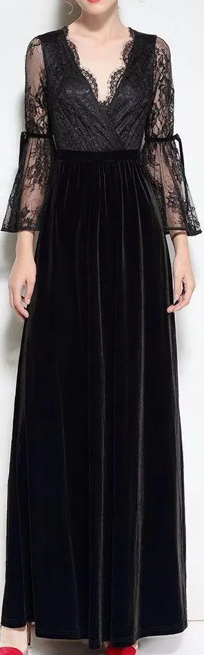 Bell-Sleeve Lace & Velvet Gown, Black