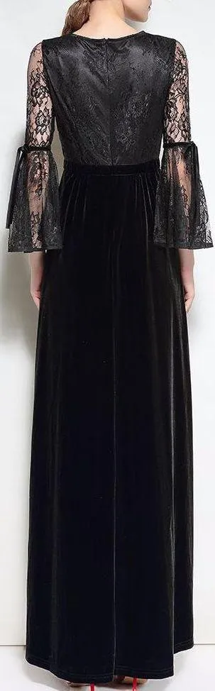 Bell-Sleeve Lace & Velvet Gown, Black