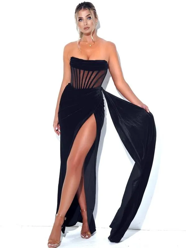 Black Draping Corset High Slit Velvet Gown