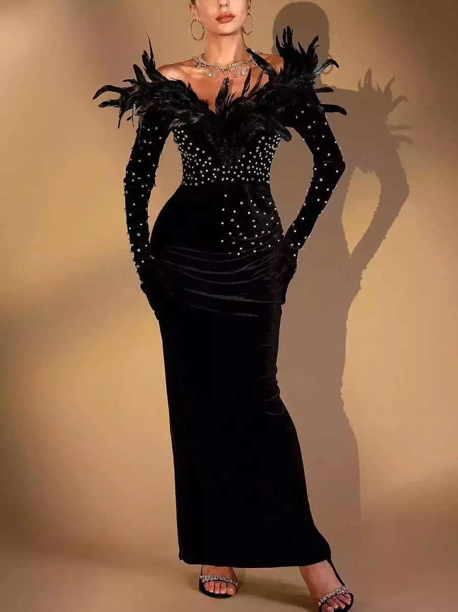 Black Feather and Velvet Gown with Pearl and Rhinestone Embroidery