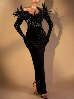 Black Feather and Velvet Gown with Pearl and Rhinestone Embroidery