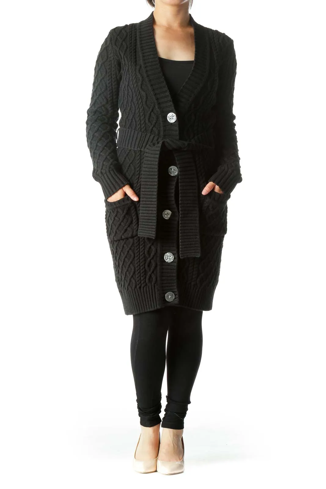 Black Knitted Chunky Buttoned Belted Cardigan