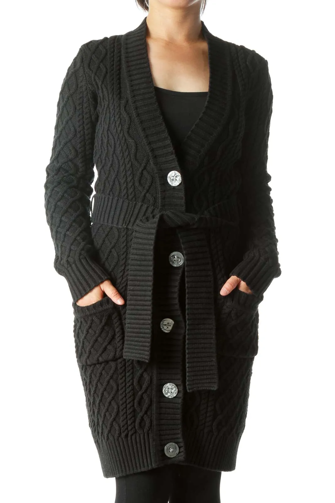 Black Knitted Chunky Buttoned Belted Cardigan