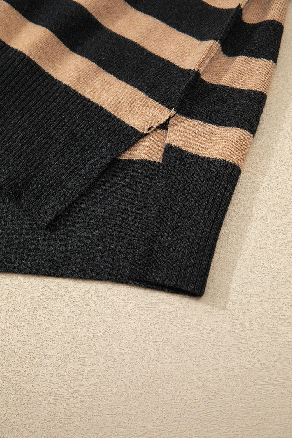 Black Stripe Collared Quarter Zipper Oversized Sweater