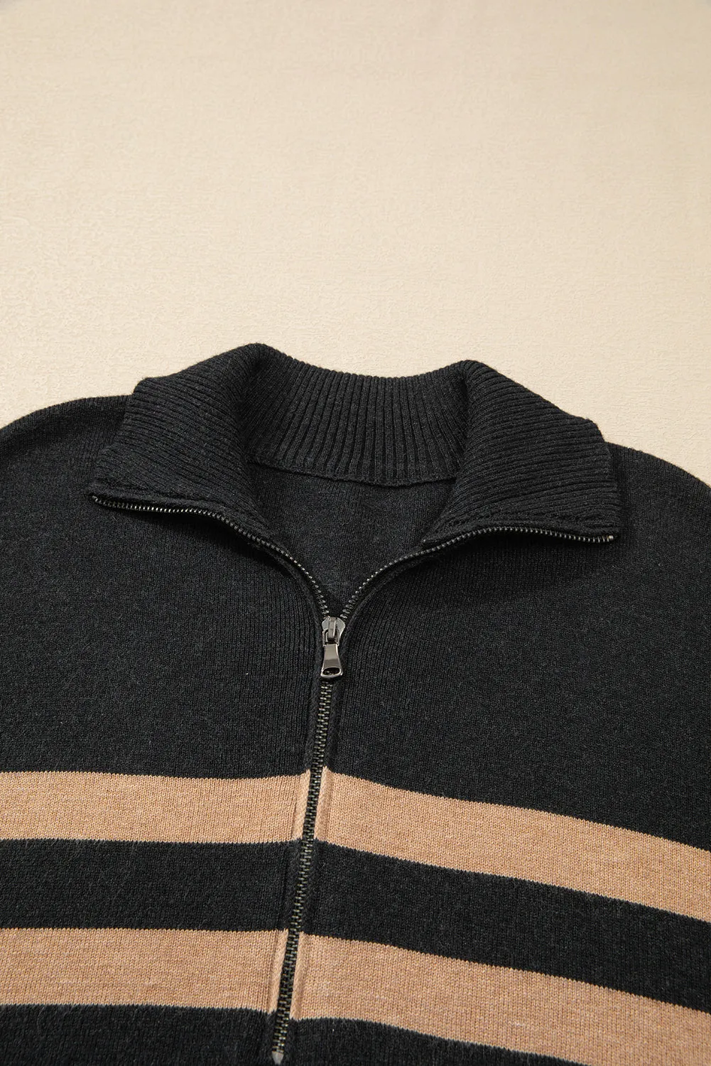 Black Stripe Collared Quarter Zipper Oversized Sweater