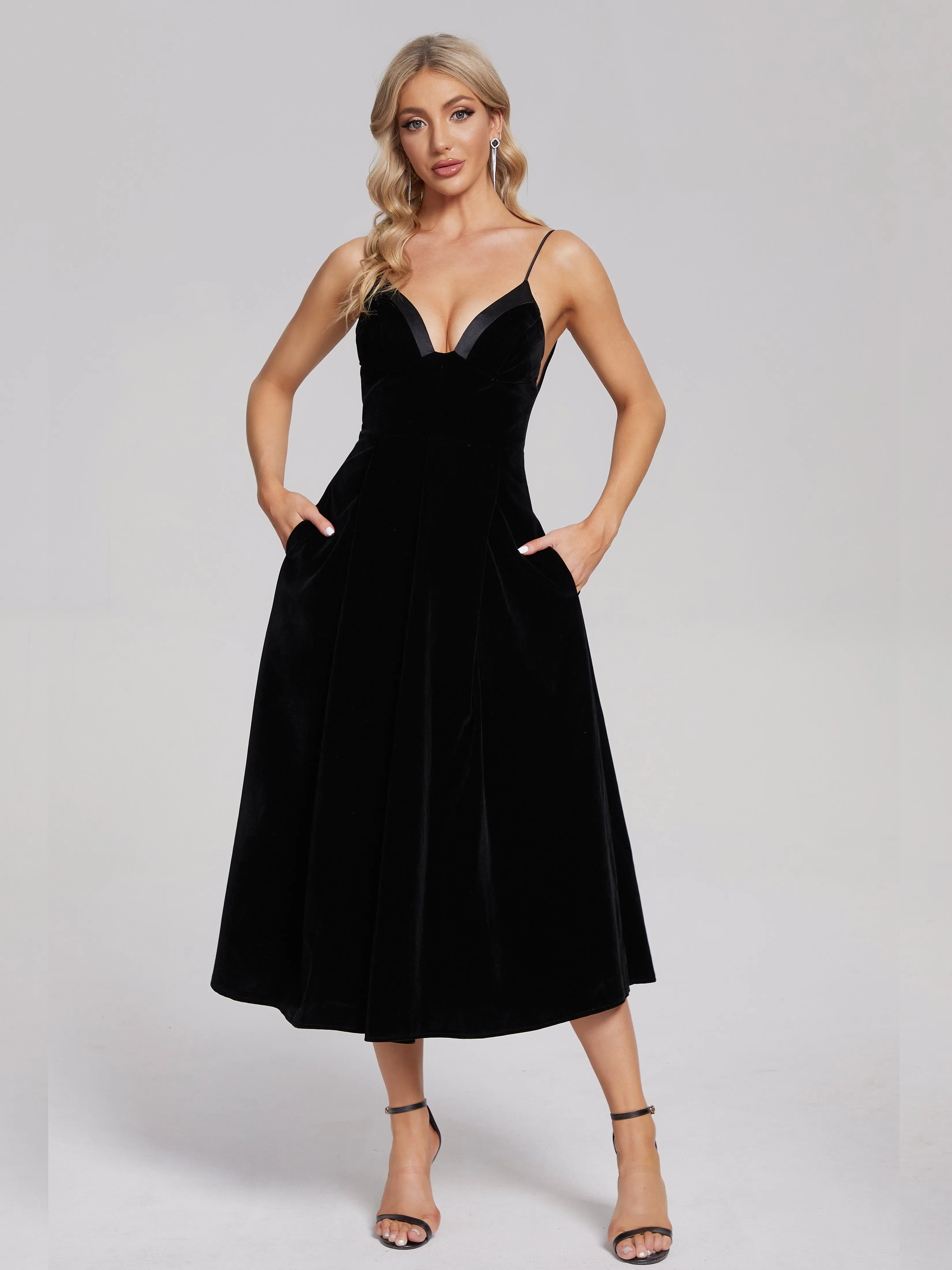 Black Tea Length Velvet Party Dresses