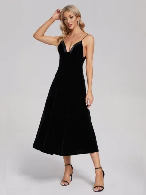 Black Tea Length Velvet Party Dresses