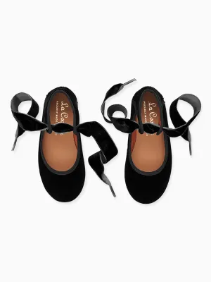 Black Velvet Girl Bow Ballerina Shoes