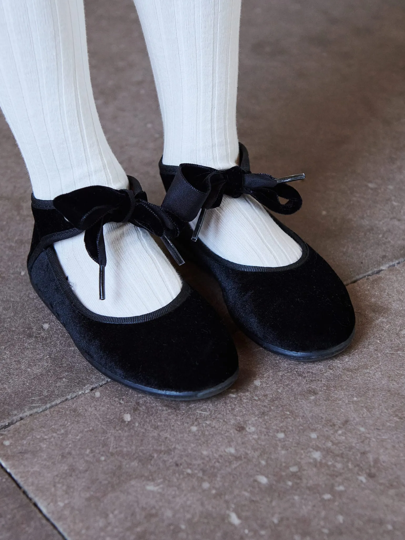 Black Velvet Girl Bow Ballerina Shoes