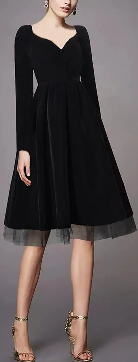 Black Velvet Mesh-Trim Dress