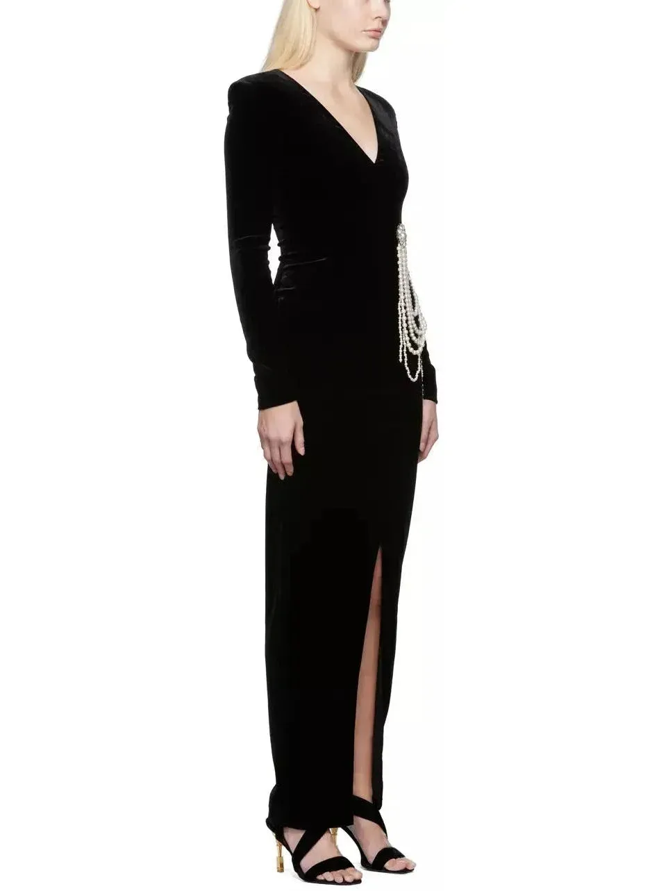 Black Velvet Pearl Chain-Embellished Dress