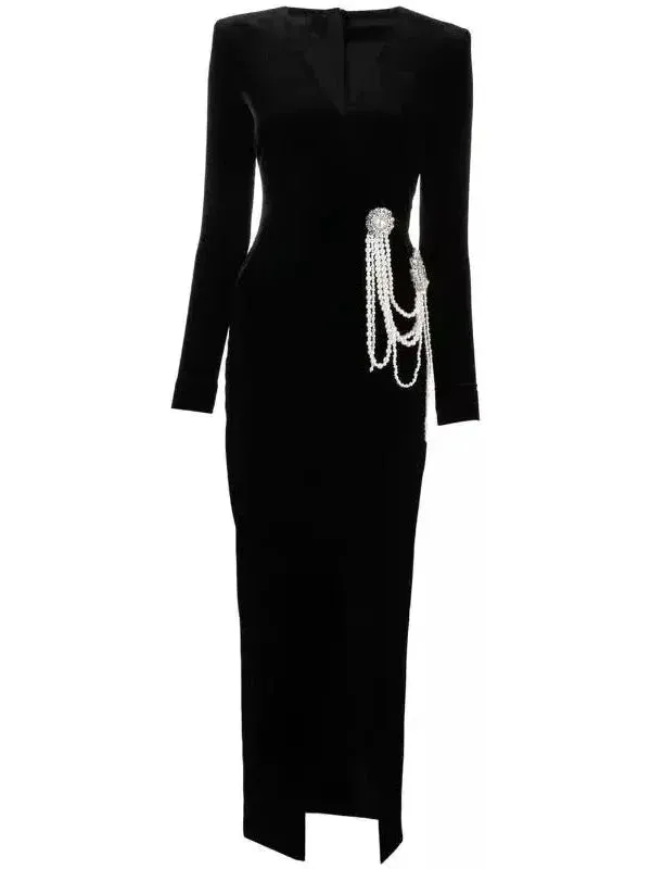 Black Velvet Pearl Chain-Embellished Dress