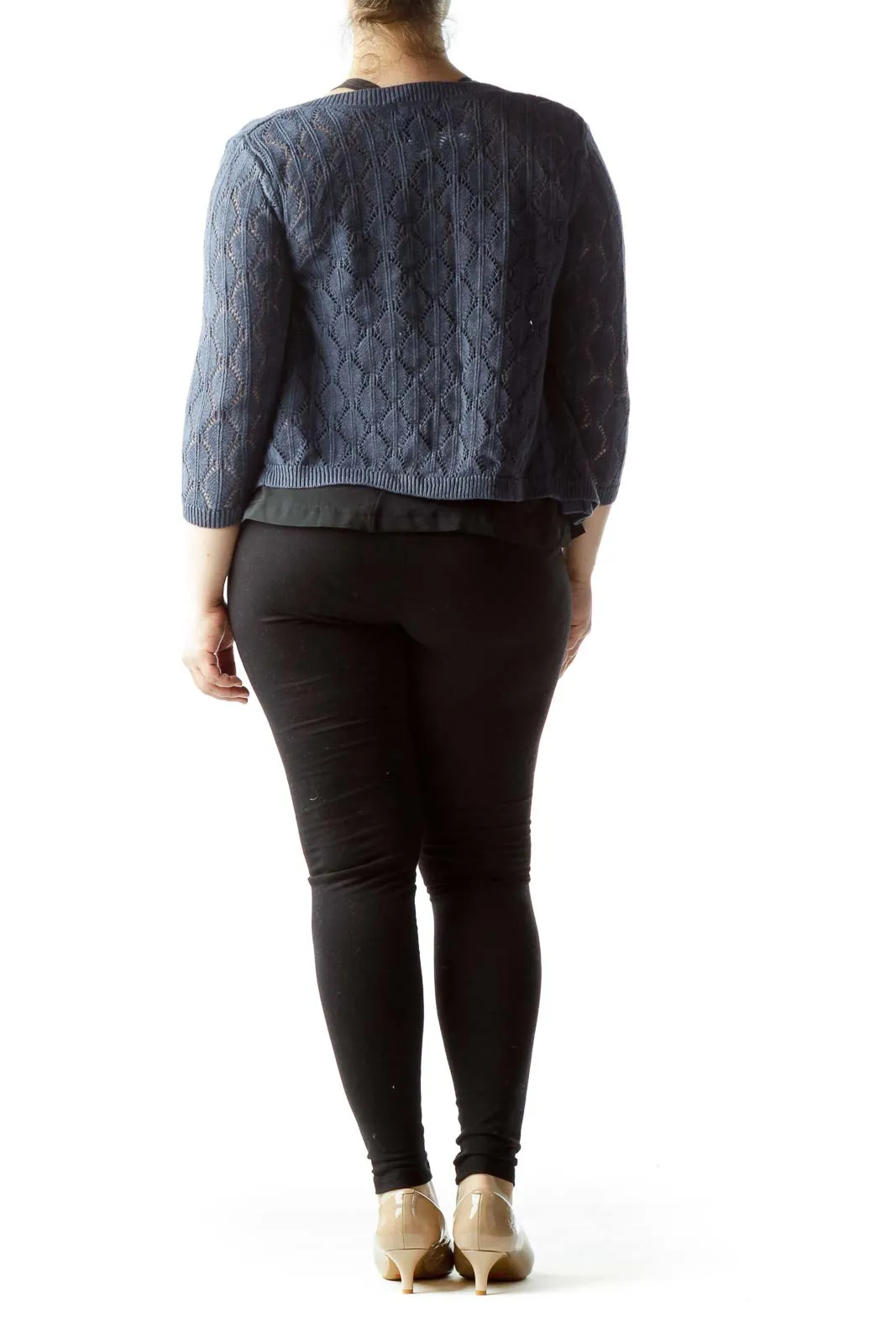 Blue Knitted Open 3/4 Sleeve Short Cardigan