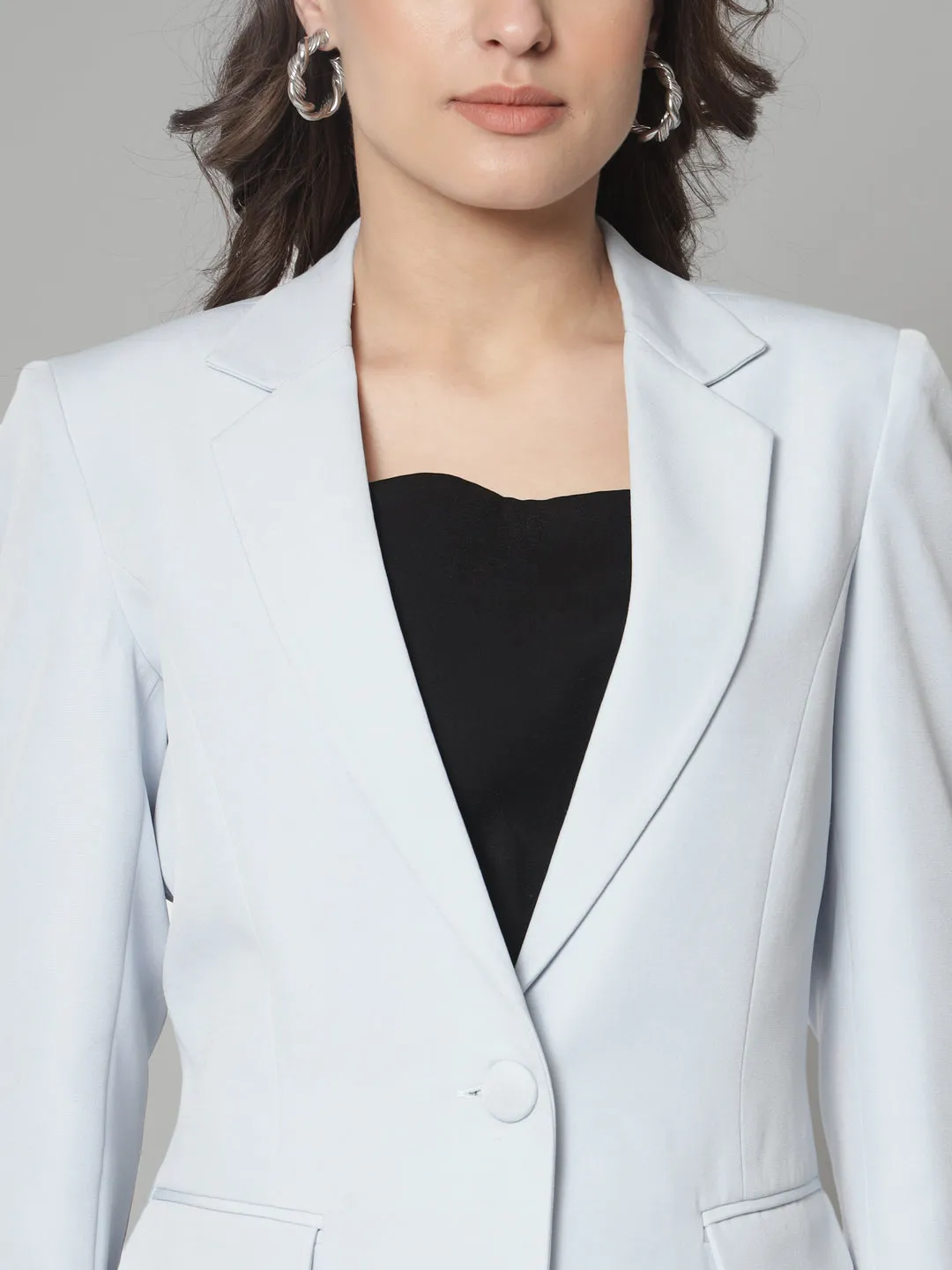 Blue Notched Collar Single-Button Closure Blazer