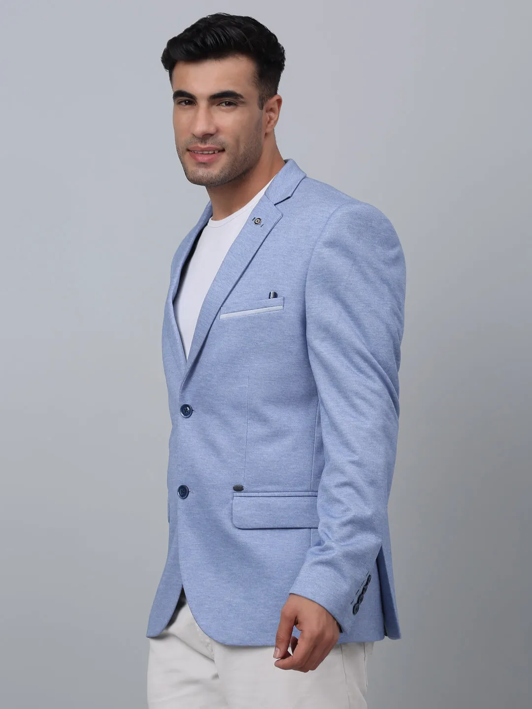 Blue Solid Plain Full Sleeves Casual Blazer For Men