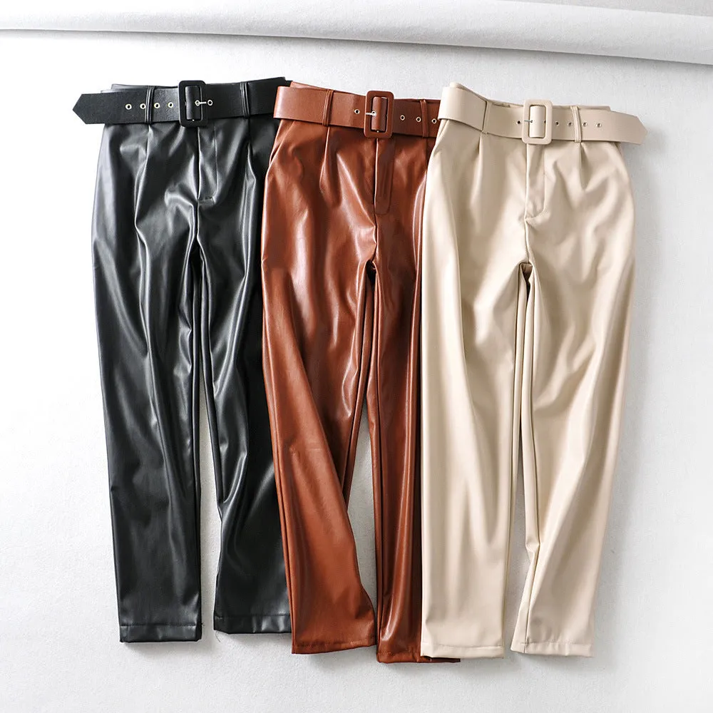 Brown Leather Pants Autumn And Winter High Waist Velvet Padded Faux Leather Pants For Women