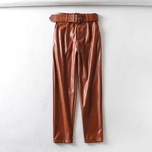 Brown Leather Pants Autumn And Winter High Waist Velvet Padded Faux Leather Pants For Women