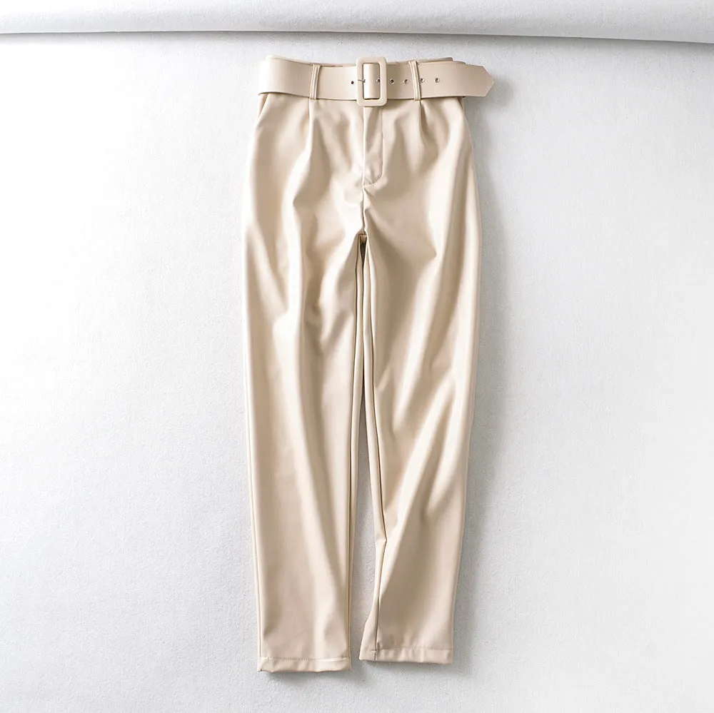 Brown Leather Pants Autumn And Winter High Waist Velvet Padded Faux Leather Pants For Women