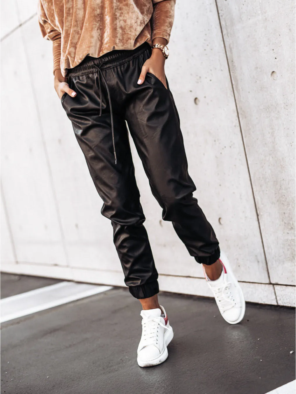 Brown Leather Pants Casual Pants Skinny Pants Pu Belt Leather Pants