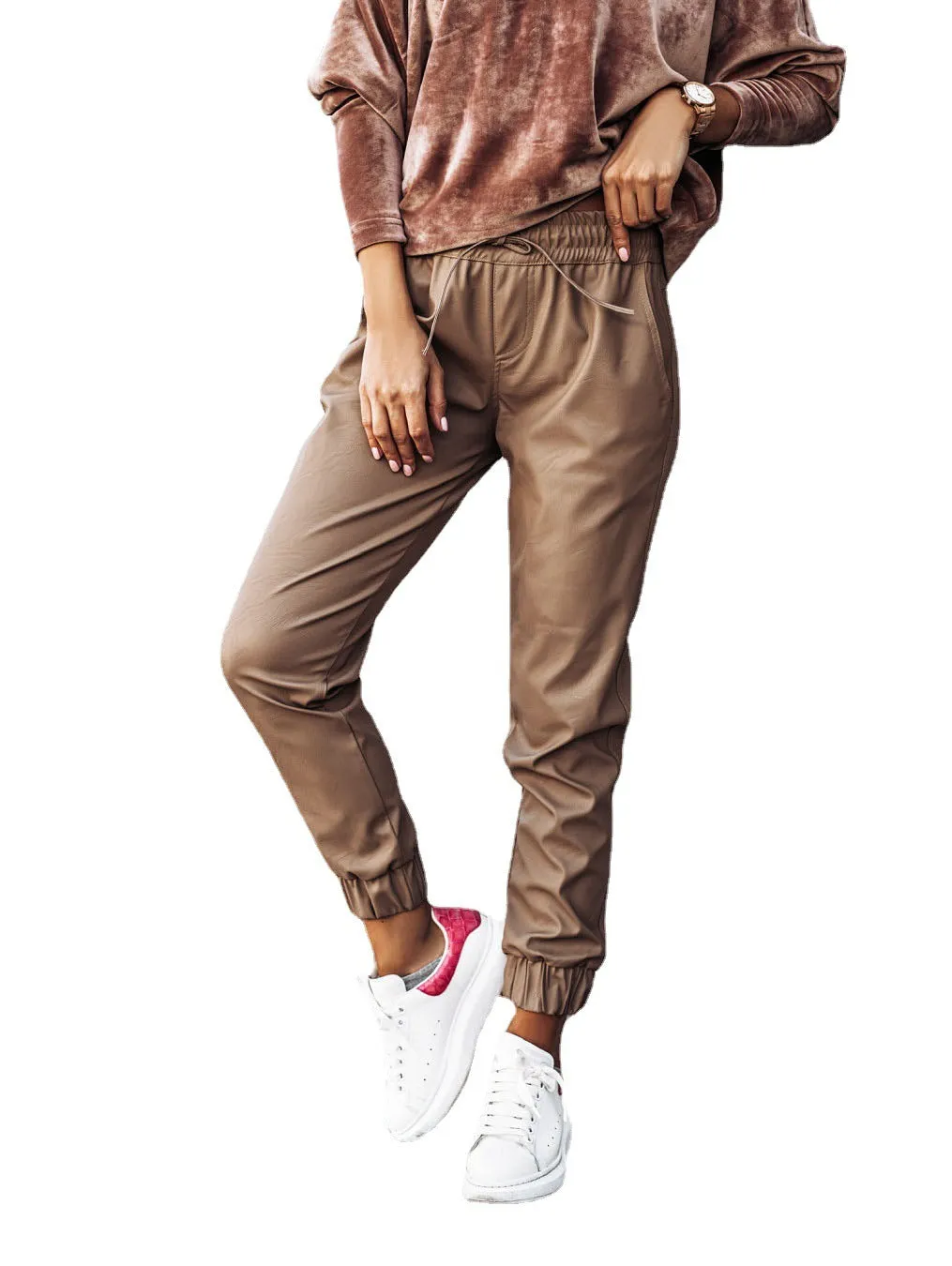 Brown Leather Pants Casual Pants Skinny Pants Pu Belt Leather Pants