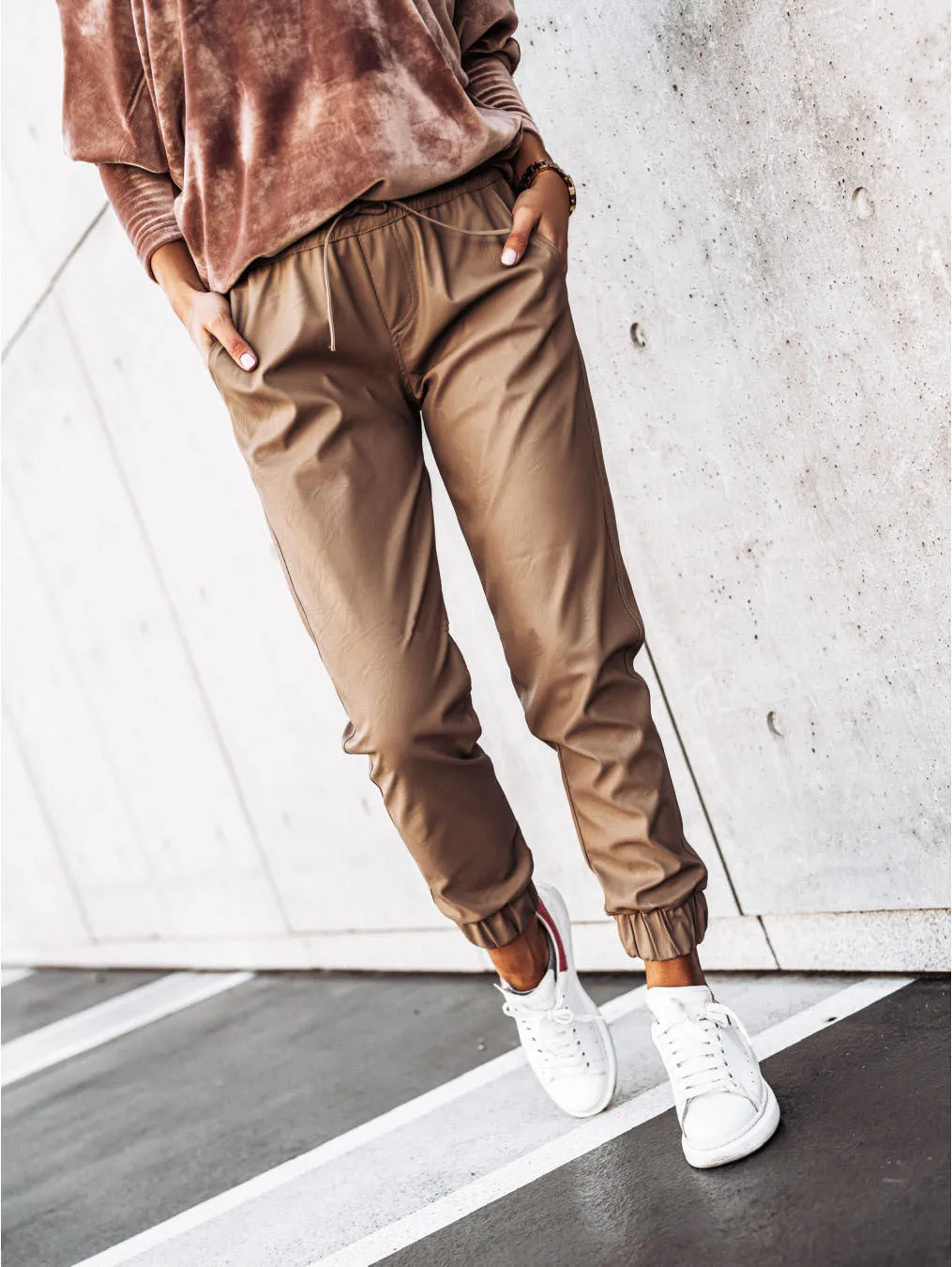 Brown Leather Pants Casual Pants Skinny Pants Pu Belt Leather Pants