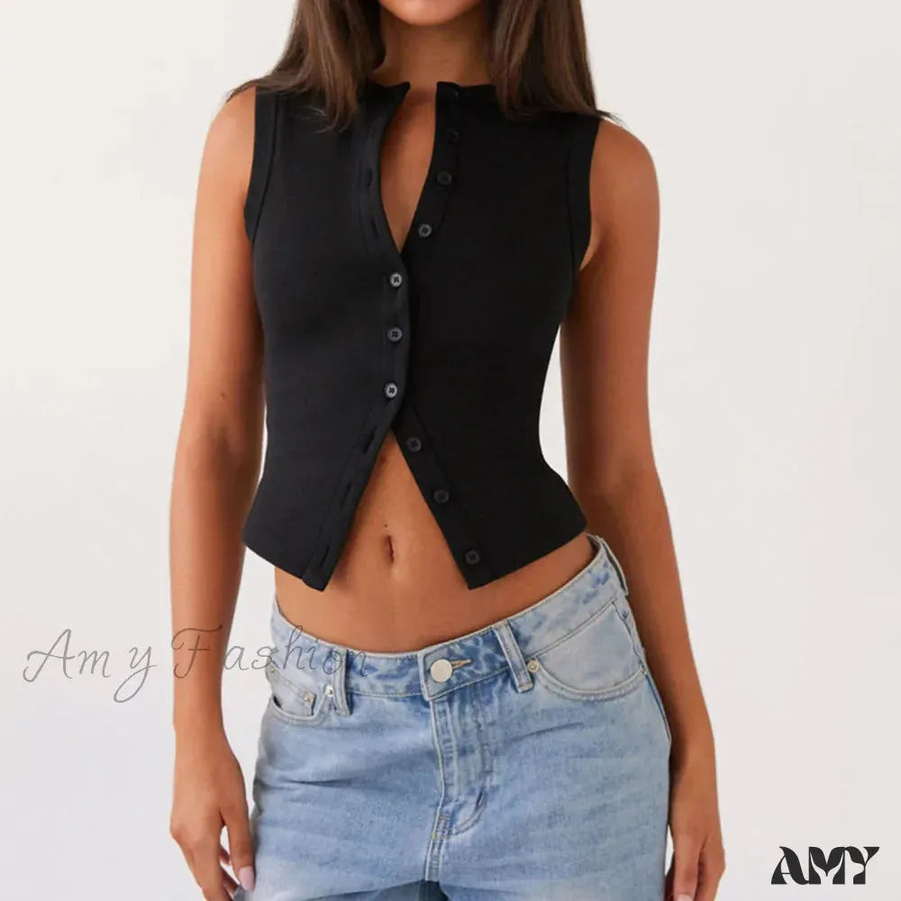 Button Down Casual Slim Fit Sleeveless Ribbed Knit Crop Top