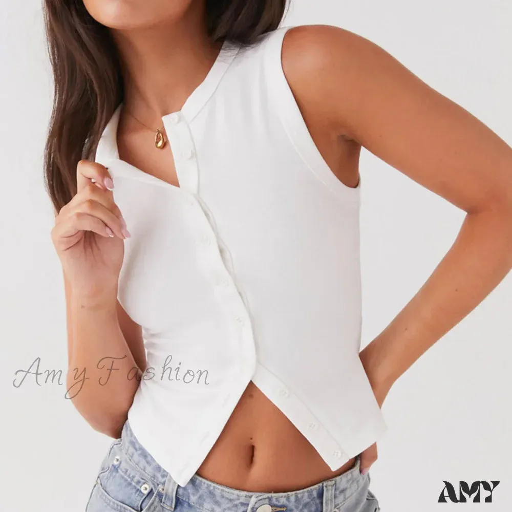 Button Down Casual Slim Fit Sleeveless Ribbed Knit Crop Top