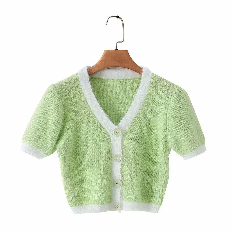 Cardigan Womens Sweaters Korean Crop Sweater Yellow Autumn Tops Short Sleeve V Neck Short Cardigan Mohair Sweater