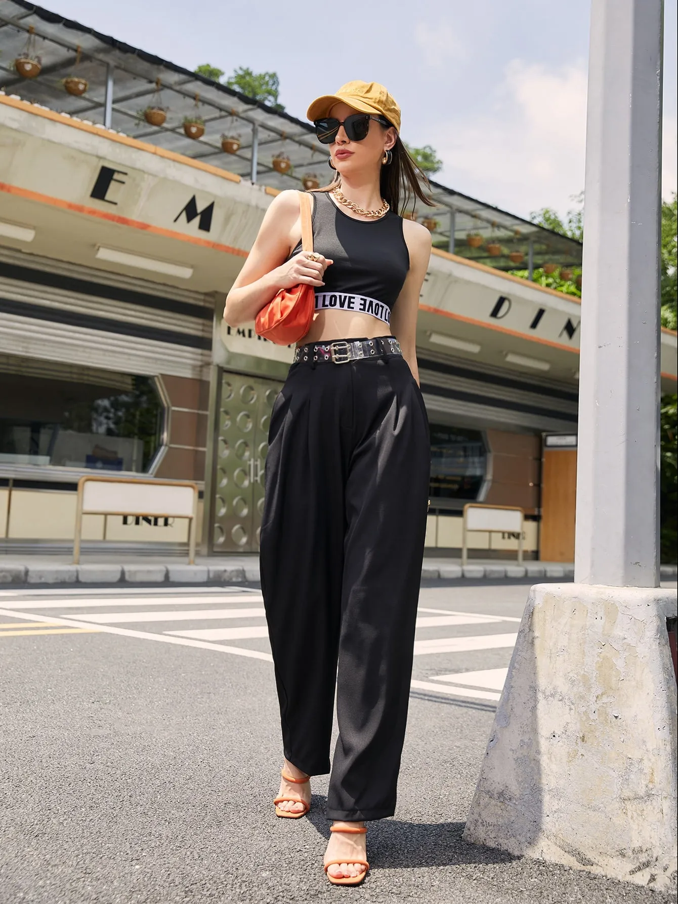 Casual Letter Tape Round Neck Crop Women Tank Top & Cami