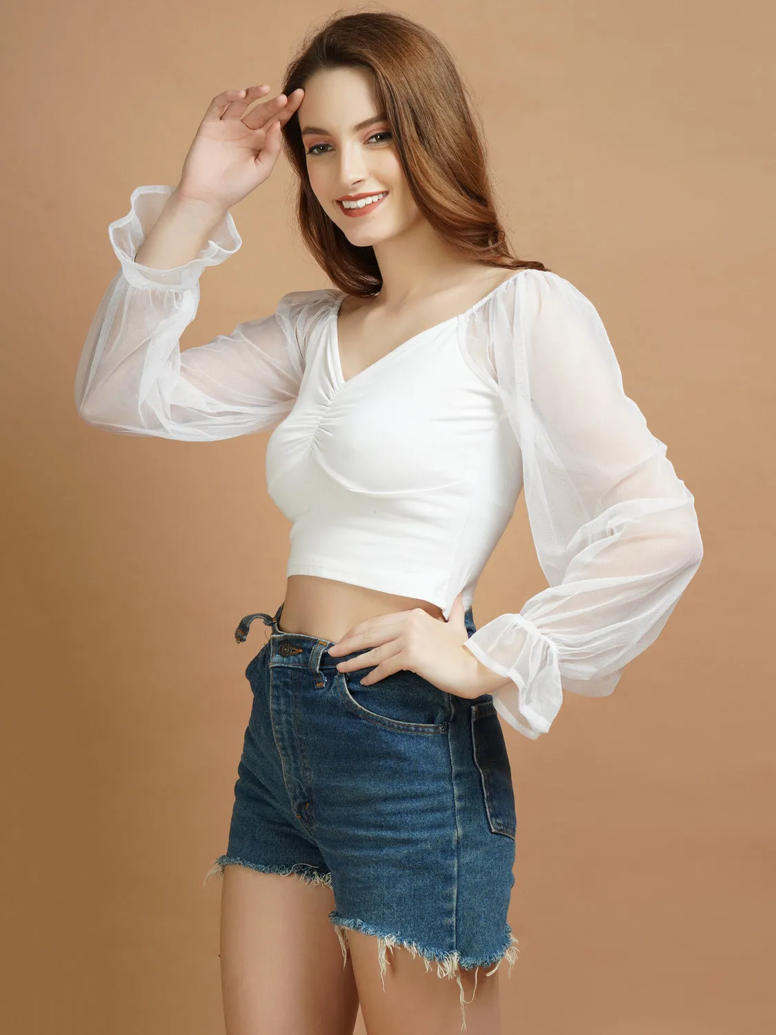 Casual Net Sleeves White Lycra Top