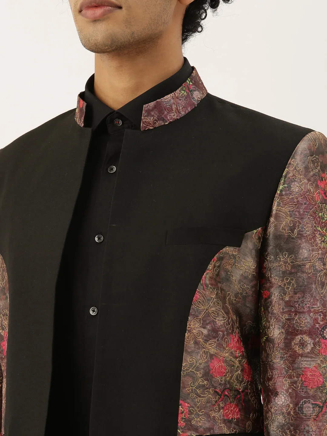 Chanderi Silk Printed Bandhgala Blazer - MMJ071