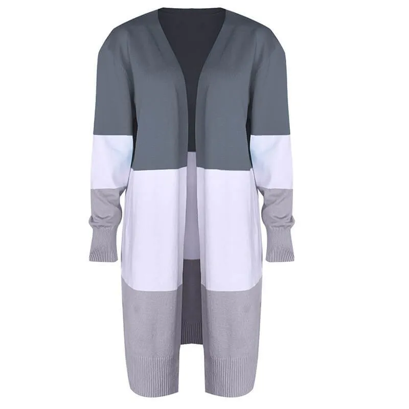 Colorblock Open Front Knitted Long Cardigan