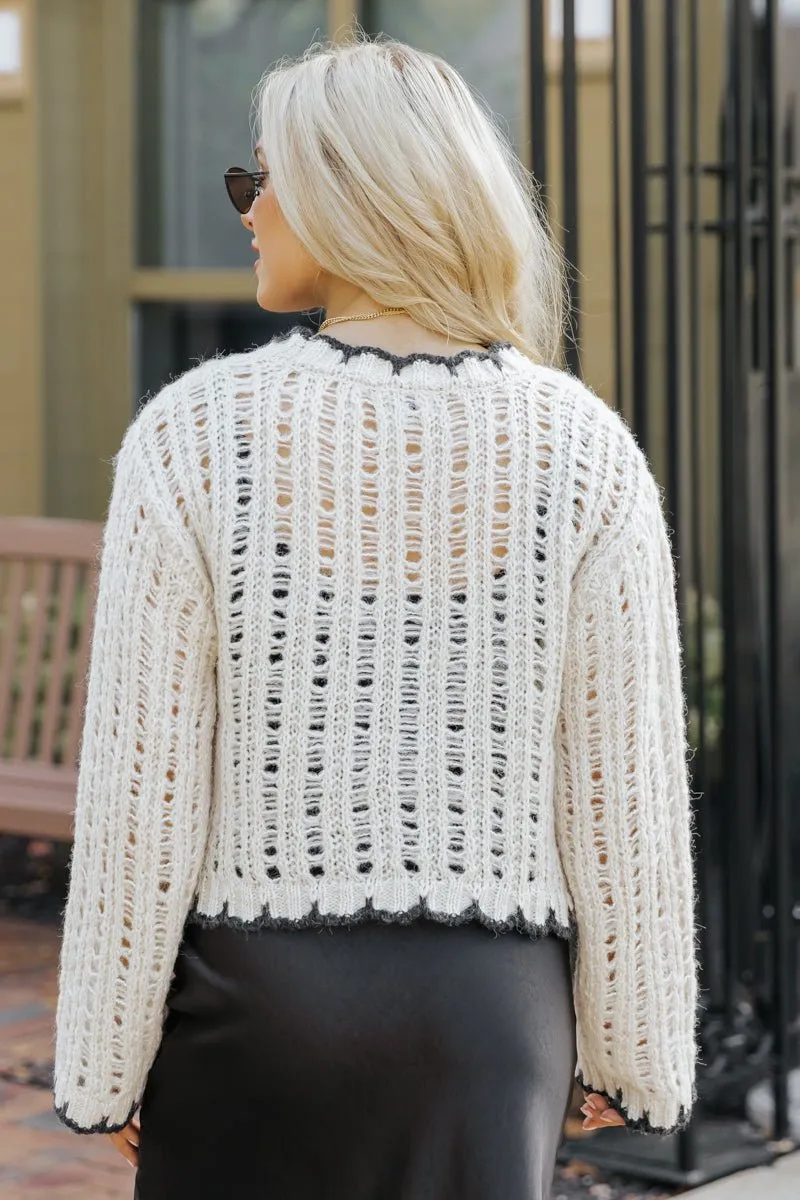 Cream Contrast Stitch Crochet Sweater - FINAL SALE