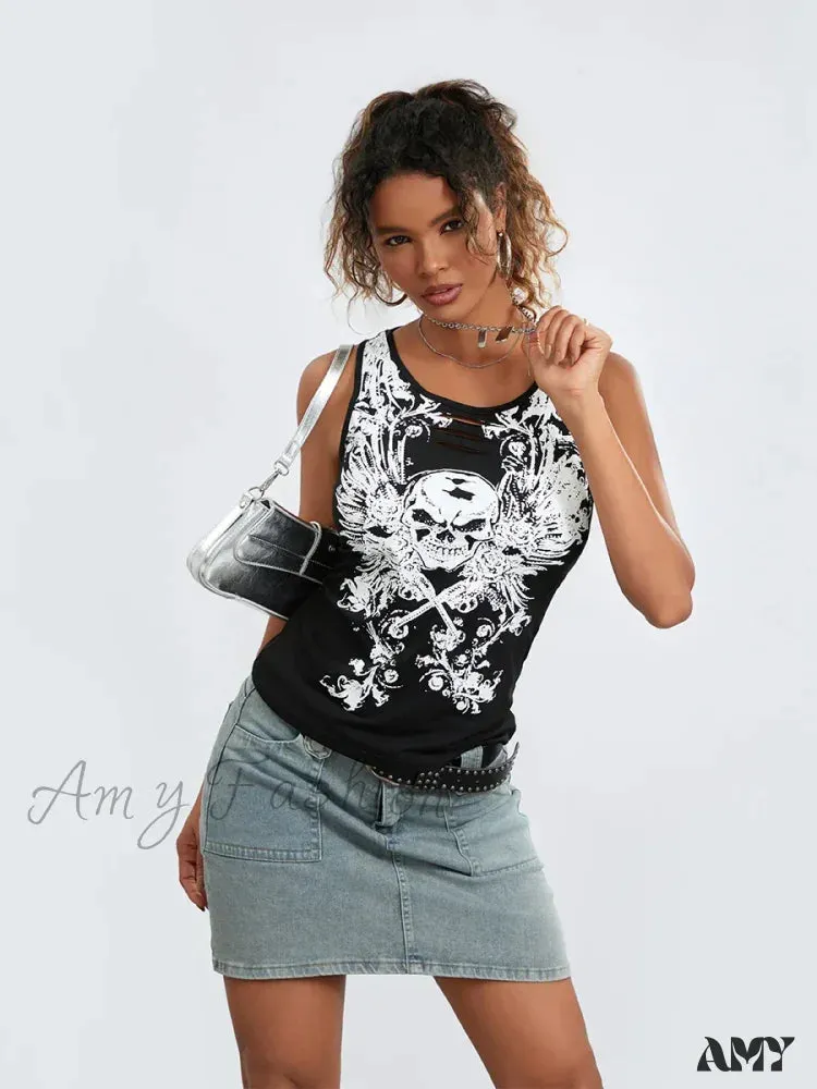 Crop Summer Goth Running Tank Sleeveless Top Fairy Hollow-Out Print Grunge Skull