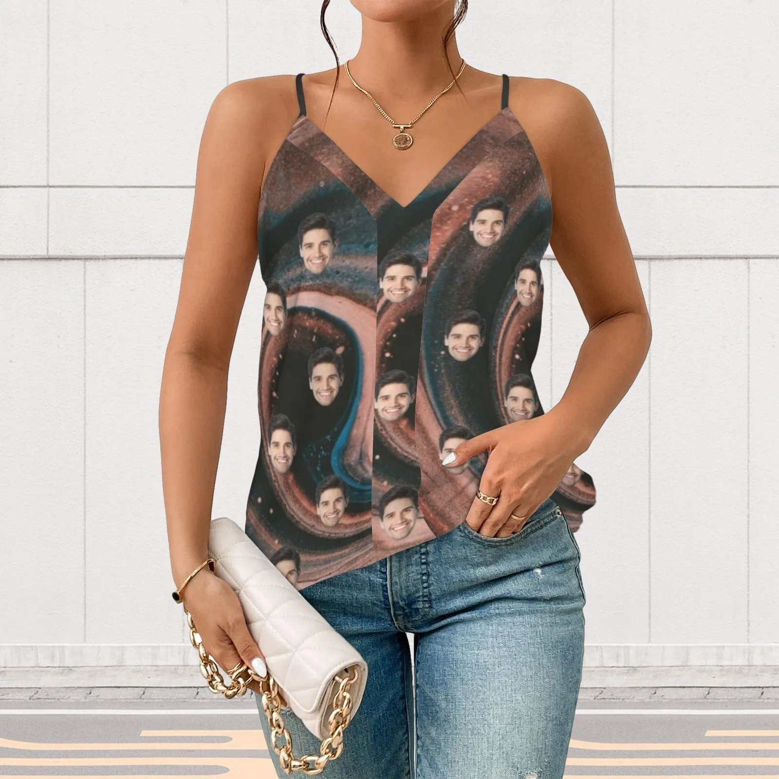 Custom Face Earth Sign Women's V-Neck Cami Tank Tops