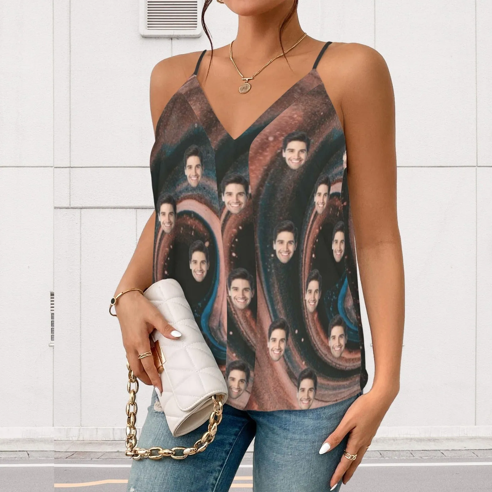 Custom Face Earth Sign Women's V-Neck Cami Tank Tops