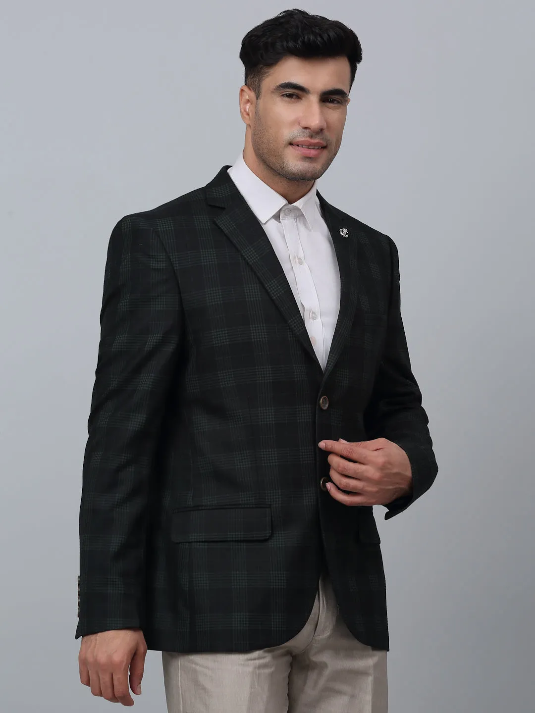 Dark Green Checkered Full Sleeves Formal Blazer For Men