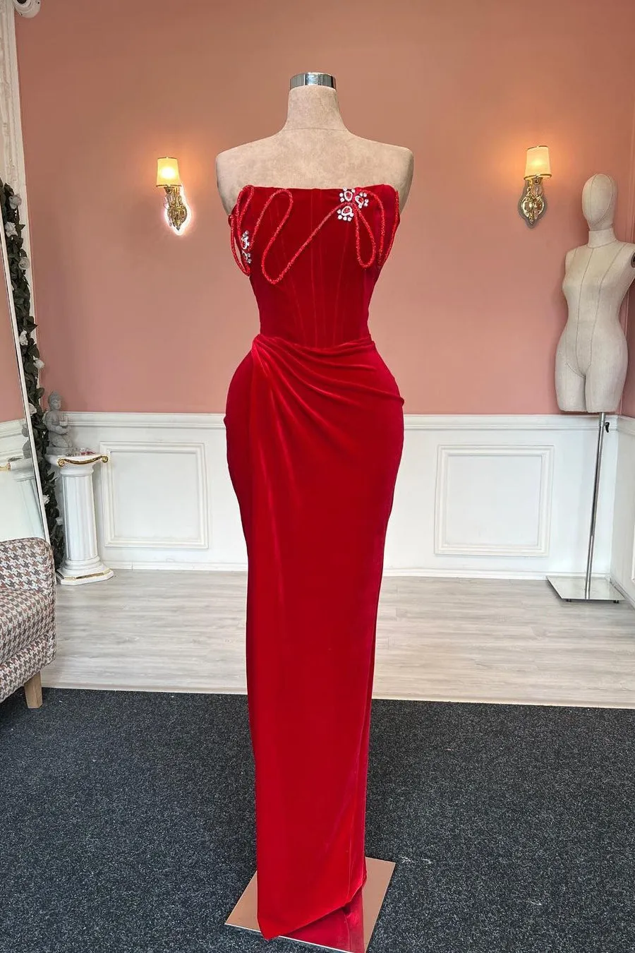 Designer Long Column Red Strapless Velvet Jewels Prom Dress