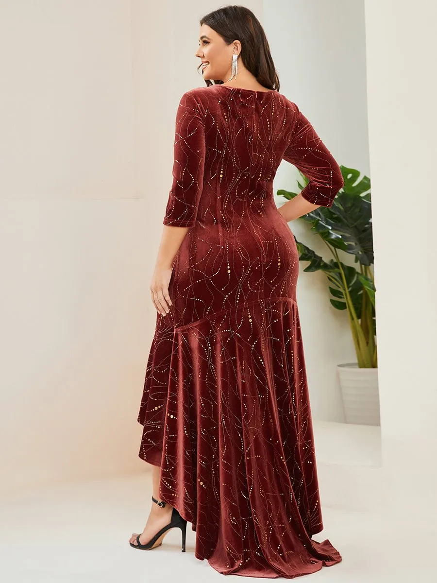 Elegant Plus Size Bodycon High-Low Formal Velvet Party Dress